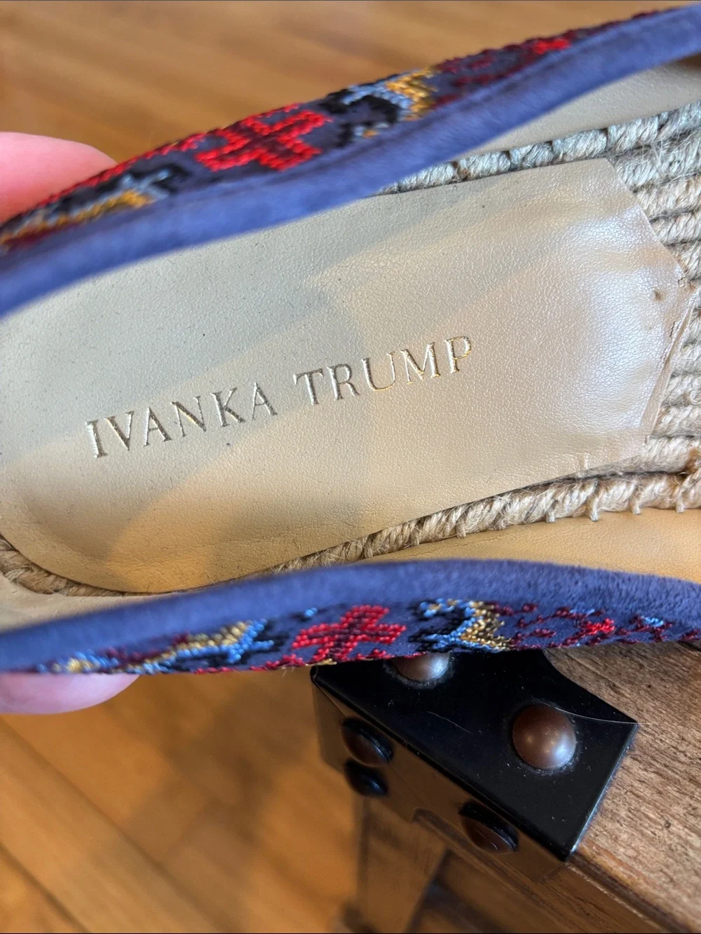 Ivanka Trump Navy Red Multicolor Embroidered Espadrille Flats